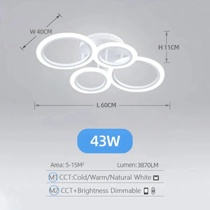 The Smart Circle Ceiling Light features four circular LED rings, 43W of power, 3870 lumens brightness, adjustable color temperature and brightness. Measuring 60x40x11cm, this modern smart ceiling light is ideal for illuminating spaces of 5-15m².