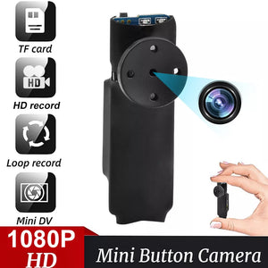 The Shirt Button SpyCam, the ultimate in James Bond gadgets, offers impressive features such as a TF card slot, HD recording, and loop recording. This tiny device fits comfortably in the palm of your hand and resembles a mini button camera. The text "1080P HD" and "Shirt Button SpyCam" are prominently displayed alongside icons showcasing its compact versatility.