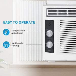 The Window Air Conditioner features user-friendly control knobs for temperature and multiple modes. Text reads "Easy to Operate." Ideal for efficient cooling in small rooms.
