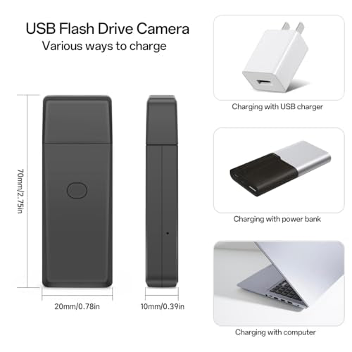 Diagram of the SpyCam Flash Drive hidden camera showing dimensions and three charging options: USB charger, power bank, and computer.