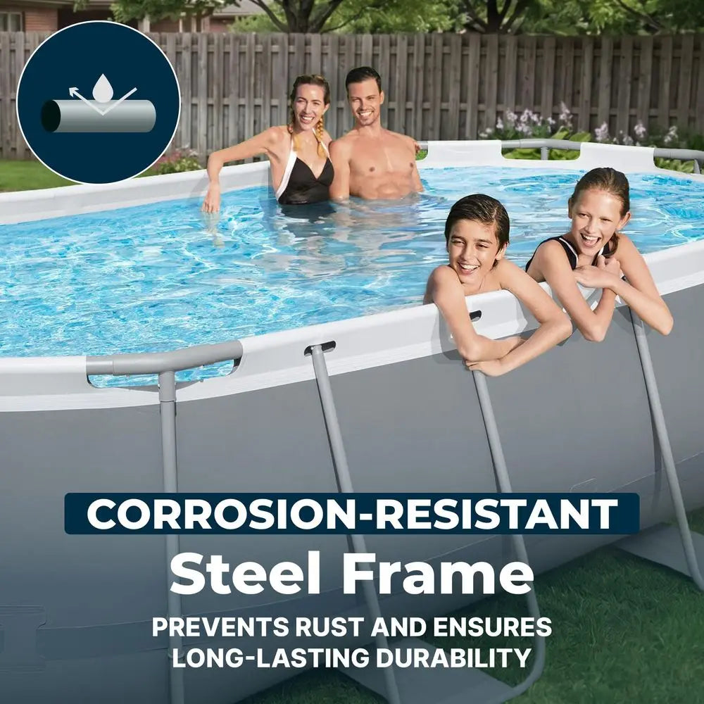 A family of four smiles while relaxing in the Above Ground Swimming Pool Set, featuring a corrosion-resistant, durable steel frame and modern oval design. The sturdy frame and family-friendly appeal make it ideal for backyard fun.