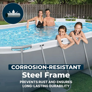 A family of four smiles while relaxing in the Above Ground Swimming Pool Set, featuring a corrosion-resistant, durable steel frame and modern oval design. The sturdy frame and family-friendly appeal make it ideal for backyard fun.
