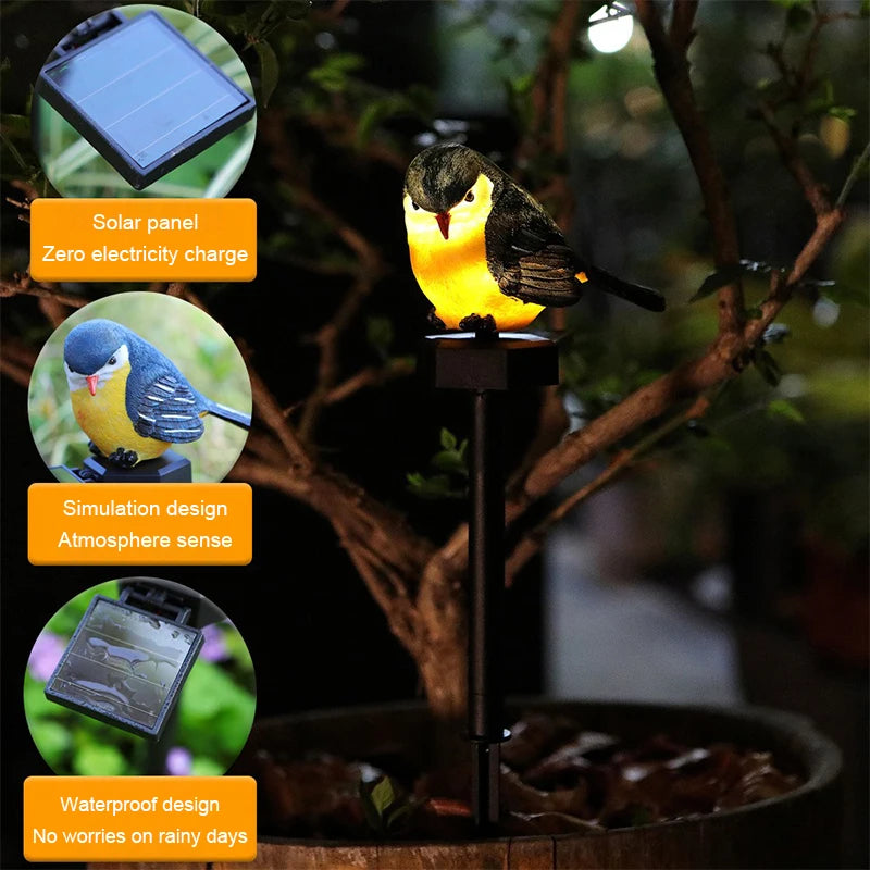 Introducing the Solar Bird Light—a solar-powered, bird-shaped garden stake that illuminates your outdoor space at night. Featuring an efficient solar panel, a realistic songbird decor design, and waterproof construction for reliable use in any weather, this charming light combines beauty and durability for your garden.