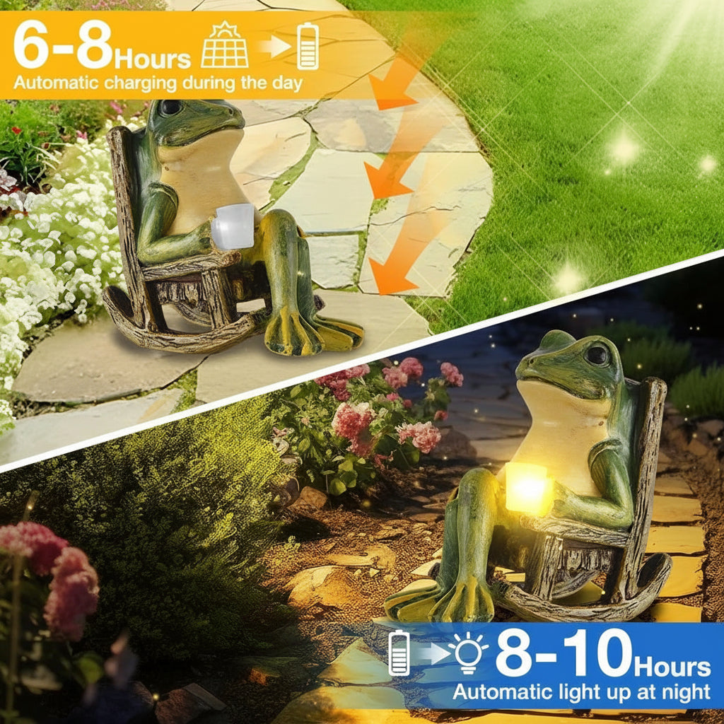 The Solar-powered Rocking Chair Frog Light features a charming frog figurine relaxing in a rocking chair with a glowing lantern, charging by day (6-8 hours) and automatically illuminating your garden at night (8-10 hours). Expertly crafted from weatherproof resin, this delightful ornament enhances outdoor spaces while reliably withstanding the elements.