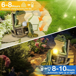 The Solar-powered Rocking Chair Frog Light features a charming frog figurine relaxing in a rocking chair with a glowing lantern, charging by day (6-8 hours) and automatically illuminating your garden at night (8-10 hours). Expertly crafted from weatherproof resin, this delightful ornament enhances outdoor spaces while reliably withstanding the elements.