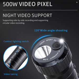 Close-up of the Outdoor Flashlight SpyCam lens, featuring 500W pixel resolution, 120° wide-angle shooting, night video support, and a lighting control switch—ideal for any adventure.