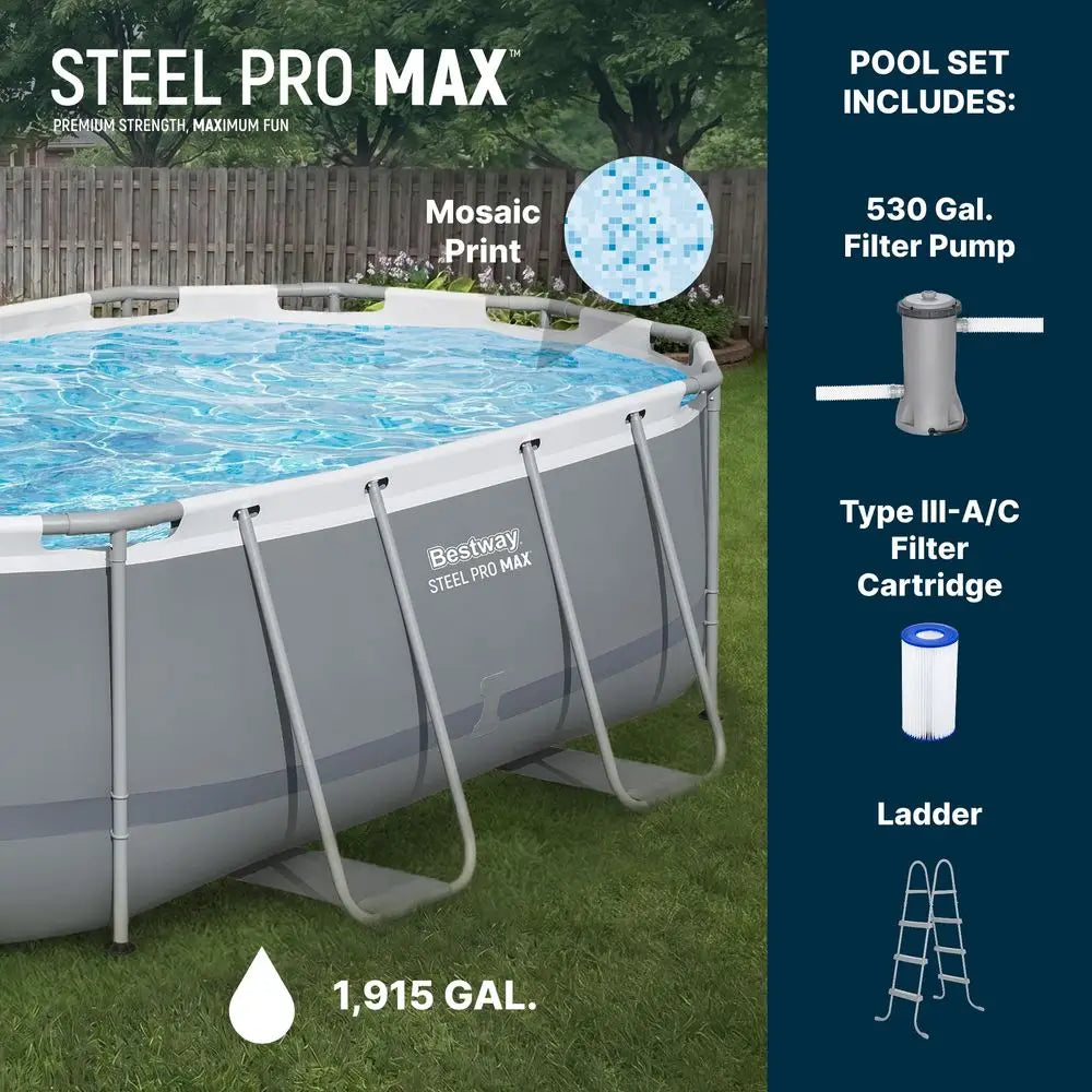 The Above Ground Swimming Pool Set includes a mosaic-print pool, ladder, filter pump, and cartridge. Its corrosion-resistant steel frame ensures durability and holds up to 1,915 gallons. All set components are shown on the right.