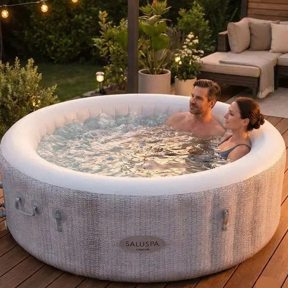 Two adults unwind in the Inflatable Hot Tub on a wooden patio, surrounded by lush plants and outdoor furniture, transforming the backyard into the perfect outdoor spa experience.
