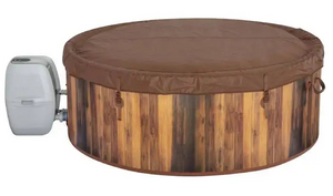 A round Outdoor Spa Hot Tub featuring a wood-patterned design, a closed brown cover, and an external control unit positioned on the left side.