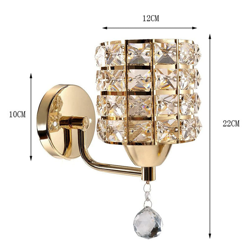 The Luxury Cylinder Wall Light features a gold base (10 cm), crystal-patterned shade (12 cm wide), hanging crystal, and stands 22 cm tall—a modern, elegant sconce for any space.