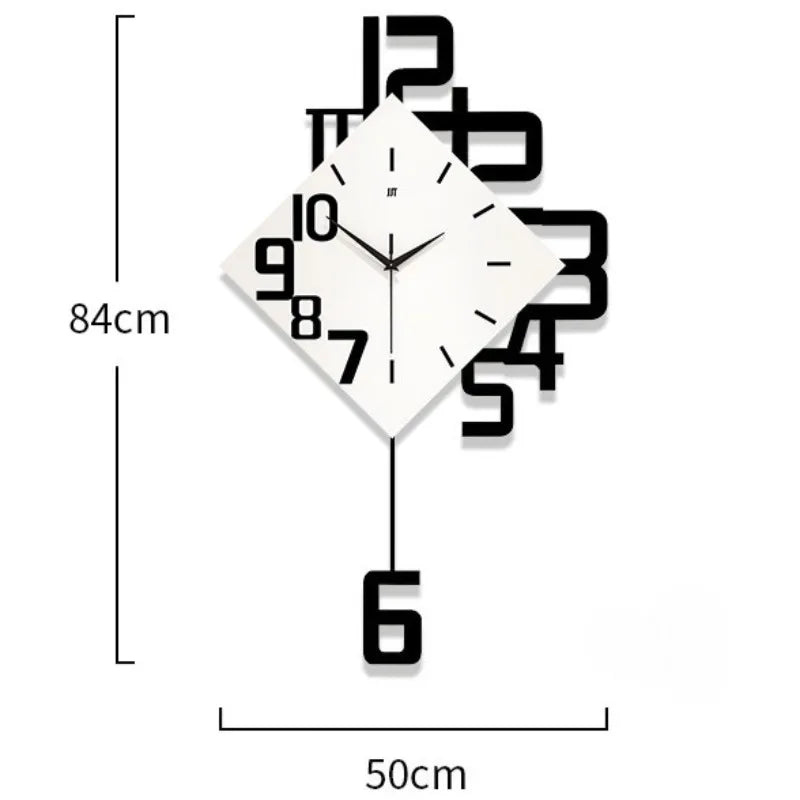 The Minimalist Numeric Wall Clock features overlapping black numbers, a white diamond-shaped face, and a large "6" pendulum. Measuring 84cm high by 50cm wide, it’s ideal for adding modern style to your contemporary space.