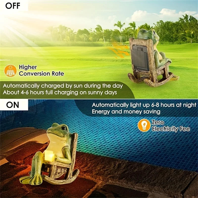 The Solar-powered Rocking Chair Frog Light is a weatherproof resin statue featuring a solar panel that charges in sunlight during the day and illuminates at night by the pool, promoting energy savings and eliminating electricity costs.