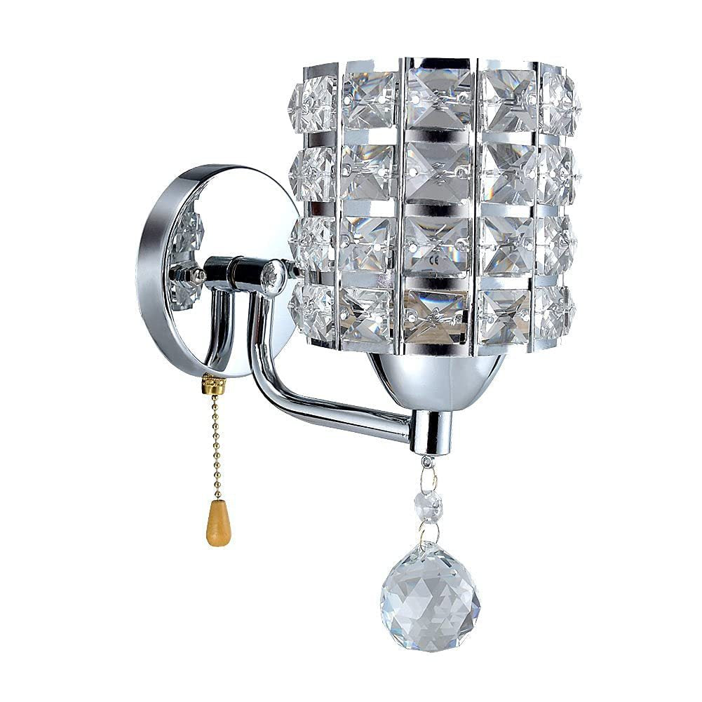 The Luxury Cylinder Wall Light features a chrome finish, square crystal shade, gold-tipped pull chain, and a large hanging crystal—ideal for bringing luxurious lighting to any space.