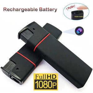 Two black rectangular SpyCam Lighter devices with red stripes are shown, each featuring a hidden Full HD 1080P camera and a rechargeable battery.