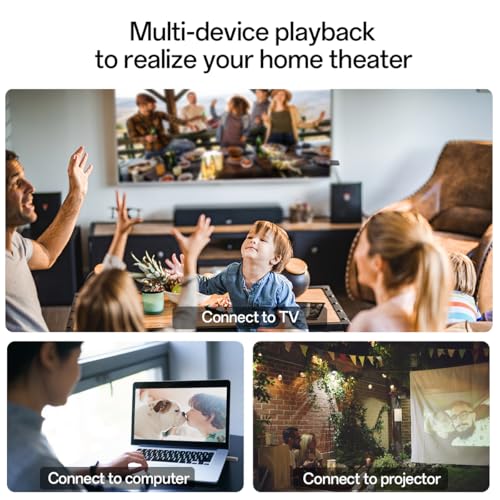 A family watches a movie together, while other scenes show the SpyCam Flash Drive connecting to a TV, computer, and projector—demonstrating seamless multi-device playback for an effortless home theater experience.