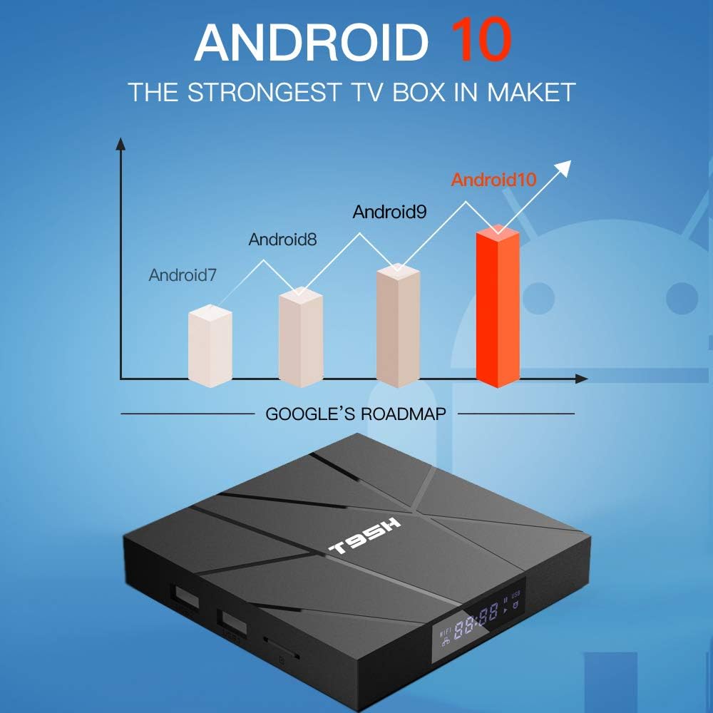 A black Android TV Box SpyCam is shown below a bar graph comparing Android 7, 8, 9, and 10, highlighting it as the top SpyCam-ready TV box on the market with Android 10.