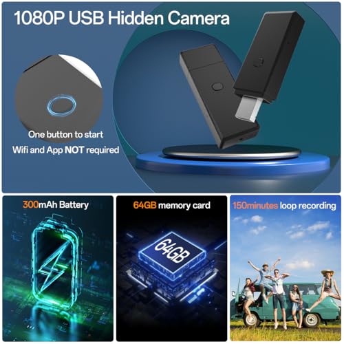 Promotional image for the SpyCam Flash Drive, a 1080P hidden camera with one-button start, no WiFi/app needed, 300mAh battery, 64GB memory, and 150 minutes of loop recording in a discreet flash drive design.