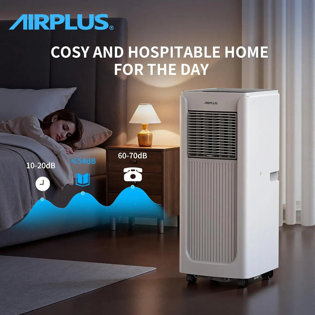 A woman sleeps in bed beside a lit nightstand lamp and a white Powerful Air Conditioner with tower design on the floor, ideal for modern homes, as noise level graphics are displayed.