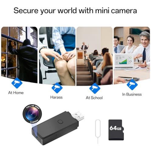 The SpyCam Flash Drive and its accessories are displayed alongside four example uses—at home, during harassment, at school, and in business settings—with the caption "Secure your world with a SpyCam Flash Drive.