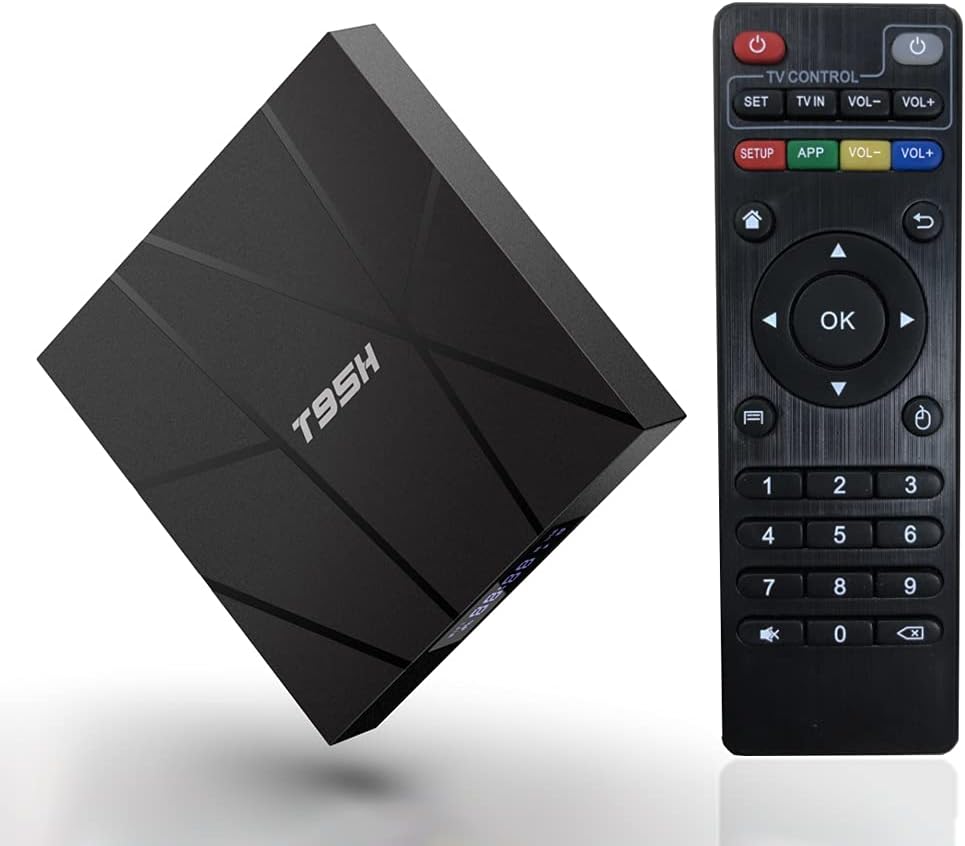 An Android TV Box SpyCam beside a black remote with directional and number buttons.