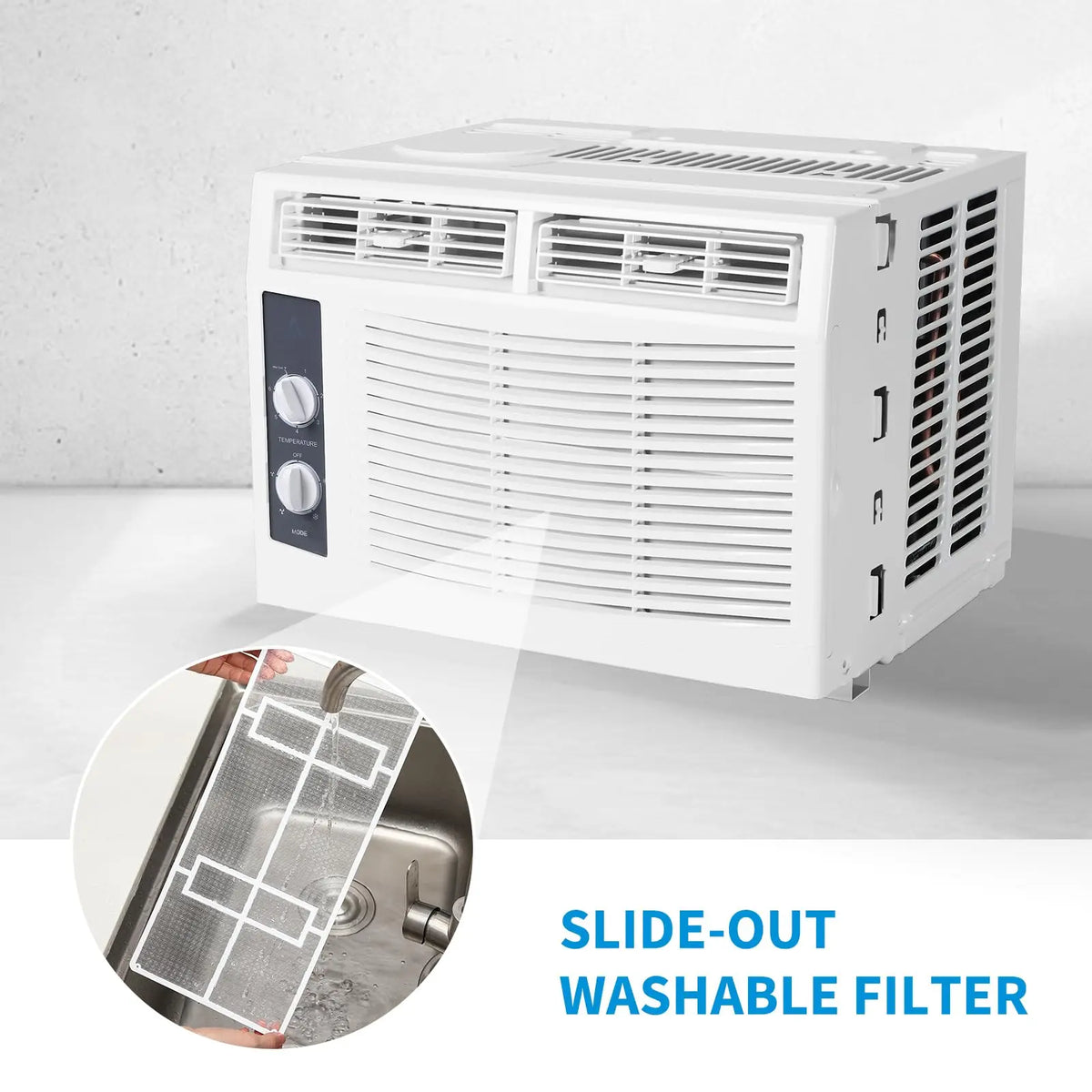 The Window Air Conditioner is a white, modern unit with control dials and vents, featuring a slide-out washable filter for easy cleaning—perfect for efficient cooling in small rooms.