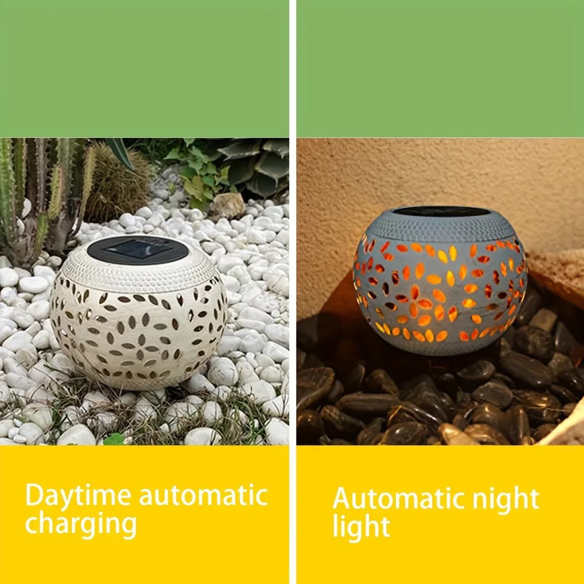 Split image showcasing the Solar Orb Lamp: the left side shows it charging outdoors on white stones during daylight, while the right side captures its warm orange glow at night. Captioned text on both sides highlights this stylish Solar Orb Lamp as the perfect addition to your outdoor space.