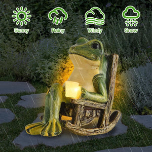 The Solar-powered Rocking Chair Frog Light features a garden frog ornament sitting in a rocking chair and holding a glowing light, and is suitable for sunny, rainy, windy, and snowy weather.
