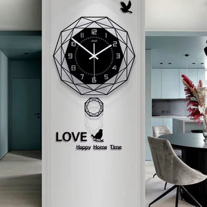 In a modern dining room, the Minimalist Polygon Wall Clock with bird accents mounts elegantly above the phrase "Love Happy Home Time," perfectly blending minimalist décor with timeless elegance.