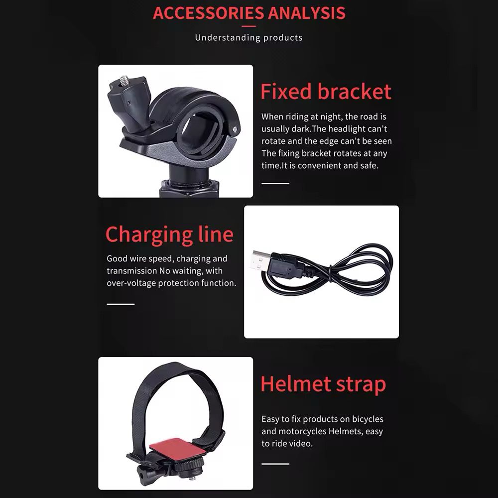 The Outdoor Flashlight SpyCam includes three accessories: a fixed bracket for secure mounting, a USB charging cable to extend battery life, and a helmet strap for easy attachment—each enhancing functionality.