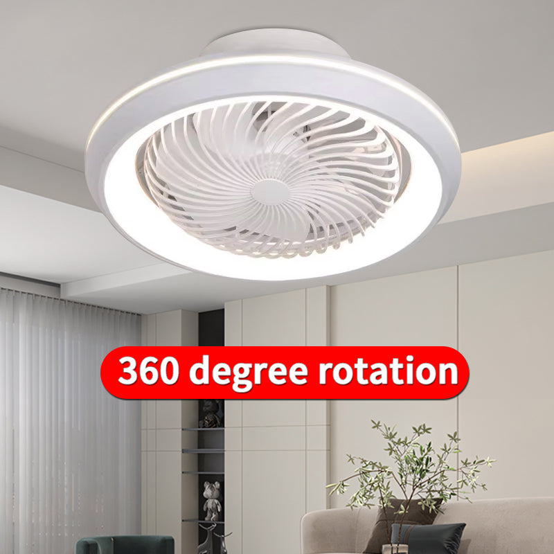 The Smart Fan Ceiling Light is a ceiling-mounted white modern fan with integrated LED, 360° rotation, and remote control, perfect for stylish living rooms.