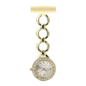 The Luxe Fob Pocket Watch features crystal accents on a round gold face, a linked chain, and a clip for clothing. Displaying 10:10, it adds style and sophistication to any fob watch collection.