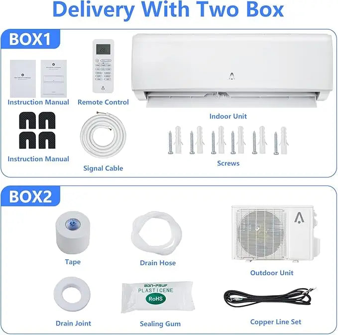 Mini Split Air Conditioner delivery includes: 12000 BTU indoor unit, remote, manuals, signal cable, screws (Box 1); tape, drain hose, joint, sealing gum, outdoor unit, copper line set (Box 2). WiFi and Remote Control included.