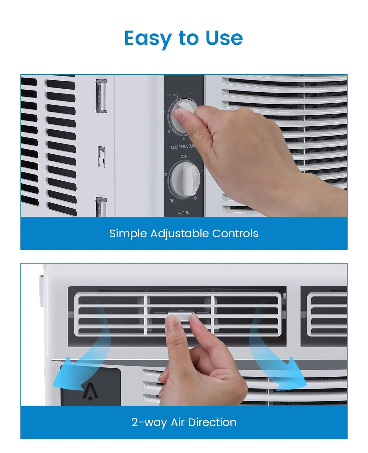 A person uses the Window Air Conditioner, adjusting the temperature knob and directing airflow with easy controls and efficient 2-way air direction, perfect for cooling small rooms.