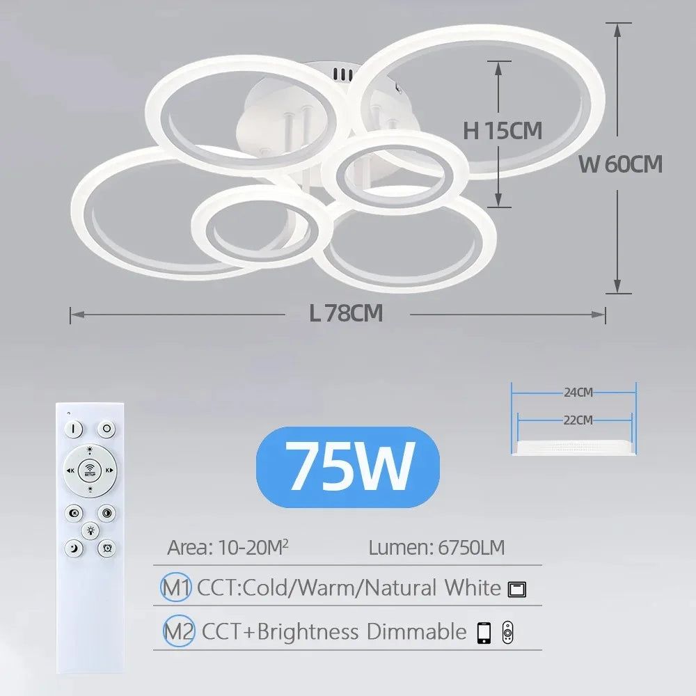 Smart Circle Ceiling Light, a modern LED fixture with 75W power, features remote control, adjustable color temperature and brightness, dimensions as shown, and is suitable for lighting areas of 10-20㎡.