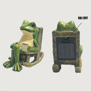 Two views of the Solar-powered Rocking Chair Frog Light show a delightful garden frog statue seated on an outdoor rocking chair, holding a cup; one view highlights the solar panel and on/off switch located on the back of the chair, showcasing its function as a solar-powered decorative light.