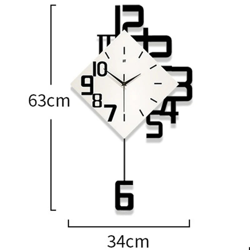 The Minimalist Numeric Wall Clock boasts a diamond-shaped white face, bold black hands, and oversized numbers that extend beyond the edges. Measuring 63cm tall by 34cm wide, it brings a creative touch to any space.
