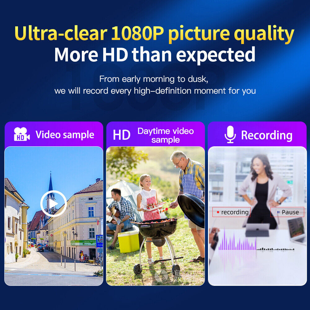 The promotional image showcases the Smart Watch SpyCam, featuring real-time video sync, daytime video samples, and recording icons with clear HD graphics and text to highlight its 1080P Full HD picture quality.