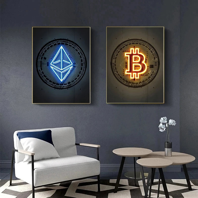 A frameless Ethereum print with an illuminated logo hangs on a dark wall above a white armchair and round tables with a small flower arrangement, adding a striking touch of neon blue wall art to the modern space.