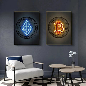 A frameless Ethereum print with an illuminated logo hangs on a dark wall above a white armchair and round tables with a small flower arrangement, adding a striking touch of neon blue wall art to the modern space.