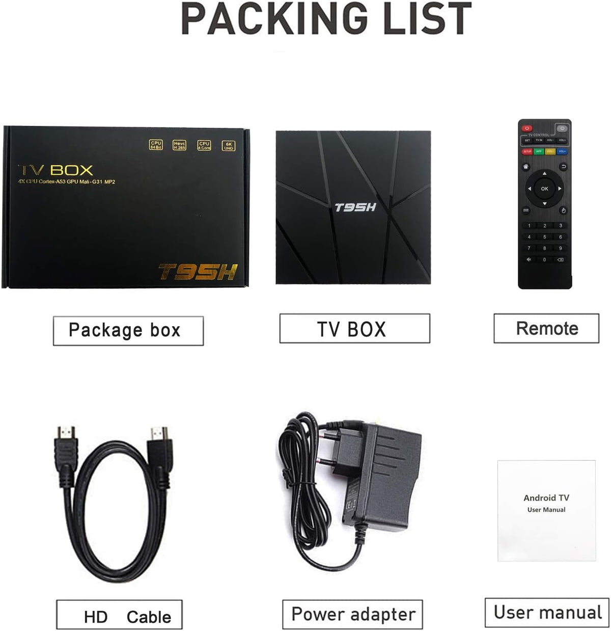 Packing list for the Android TV Box SpyCam: package box, TV box, remote, HD cable, power adapter, and user manual—all shown on a white background.