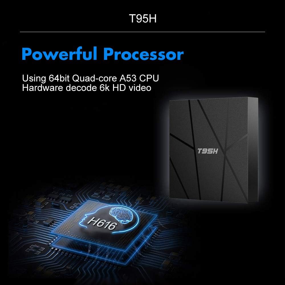 An Android TV Box SpyCam is shown with text spotlighting its 64-bit quad-core A53 CPU and 6K HD video hardware decode, alongside a visual of an H616 processor chip.