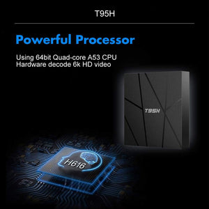 An Android TV Box SpyCam is shown with text spotlighting its 64-bit quad-core A53 CPU and 6K HD video hardware decode, alongside a visual of an H616 processor chip.