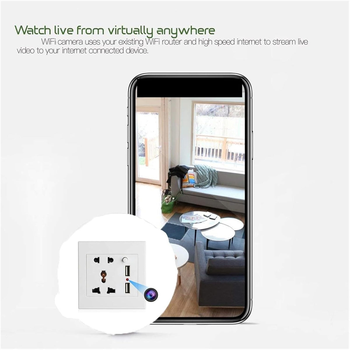 A Smart Electrical Outlet SpyCam discreetly blends into the living room decor, providing real-time video recording and live feed viewing on a smartphone.