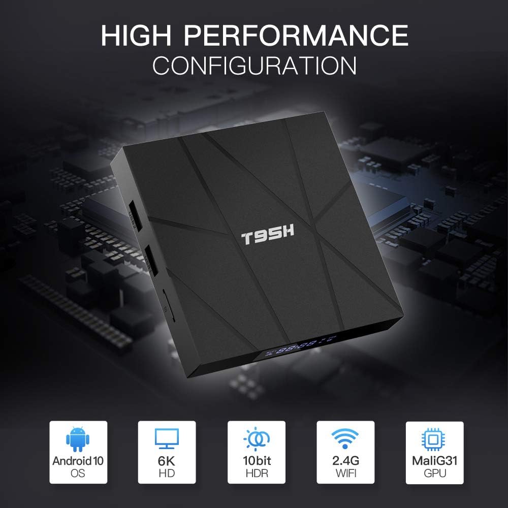 The Android TV Box SpyCam sits on a circuit board backdrop, with icons and text highlighting Android 10 OS, 6K HDR, 10-bit HDR, 2.4G WiFi, and Mali-G31 GPU—a stylish choice for entertainment or smart SpyCam use.