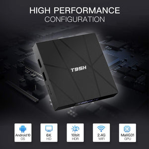 The Android TV Box SpyCam sits on a circuit board backdrop, with icons and text highlighting Android 10 OS, 6K HDR, 10-bit HDR, 2.4G WiFi, and Mali-G31 GPU—a stylish choice for entertainment or smart SpyCam use.