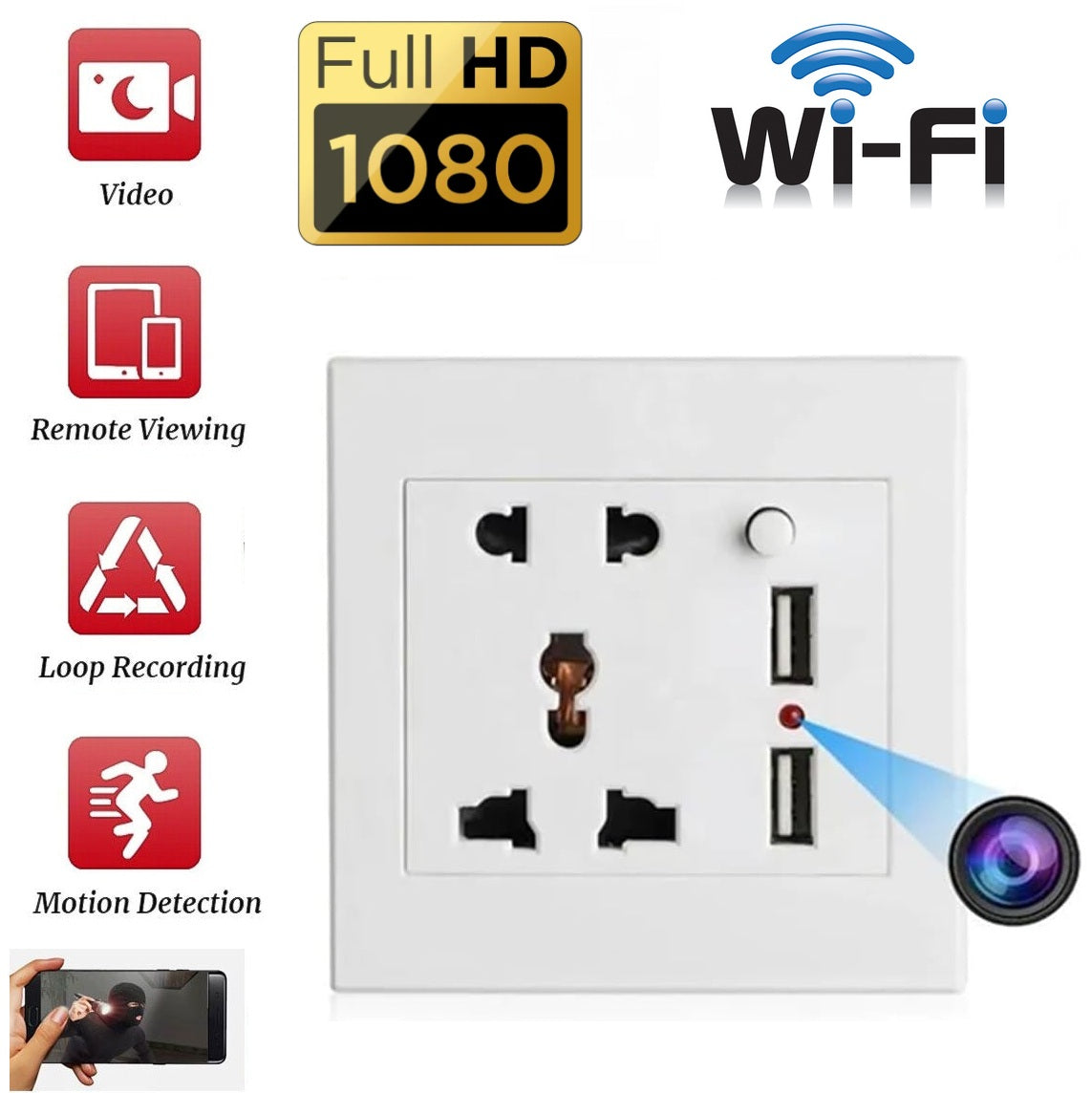 The Smart Electrical Outlet SpyCam features USB ports, a hidden Full HD 1080p camera, real-time and loop recording, remote viewing, and motion detection, as indicated by surrounding icons and labels.