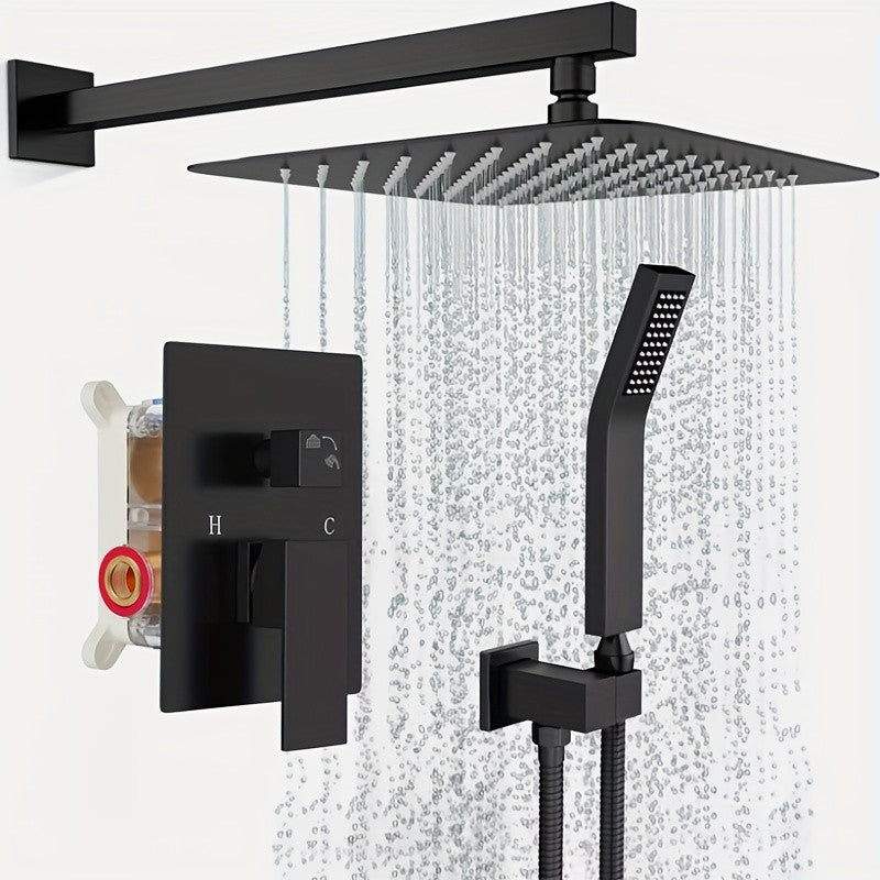The Black Wall Mounted Switch & Handheld Shower features a square overhead rainfall shower, handheld showerhead, temperature control, and an exposed valve in a matte black finish, all elegantly mounted on a white wall.