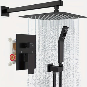 The Black Wall Mounted Switch & Handheld Shower features a square overhead rainfall shower, handheld showerhead, temperature control, and an exposed valve in a matte black finish, all elegantly mounted on a white wall.