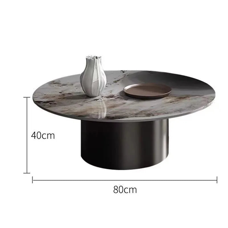 The Premium Round Coffee Table has a marble top and black cylindrical base, styled with a white vase and brown plate. Dimensions: 80 cm diameter, 40 cm height.