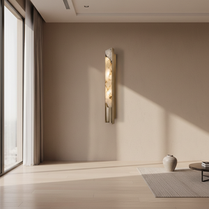 Minimalist living room with beige walls, large window, Luxury Marble Wall Sconce, light wood floor, rug, round table, and a ceramic vase. Sunlight casts shadows on the floor and wall.